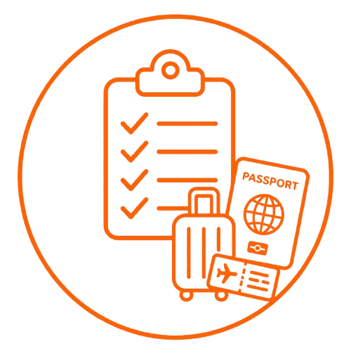 Before you go travel tips icon with checklist, passport, suitcase, and ticket
