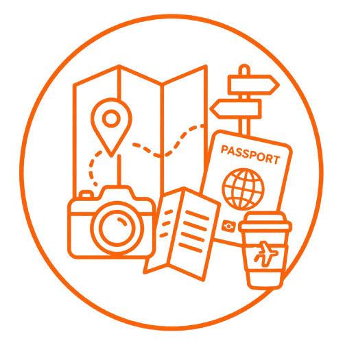 While you travel tips icon with map, camera, passport, document, and coffee cup