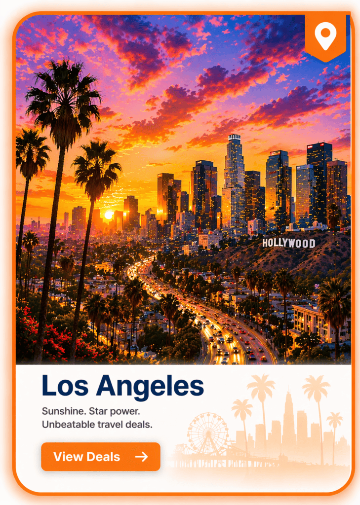 Los Angeles travel deals destination card for flights hotels and car rentals