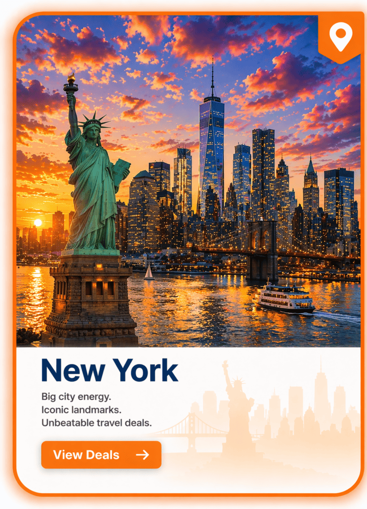 New York travel deals destination card for flights hotels and car rentals