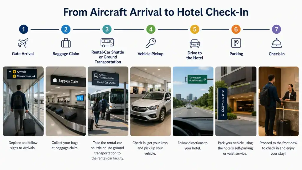Airport arrival timeline showing baggage claim, rental car pickup, transportation, and hotel check-in
