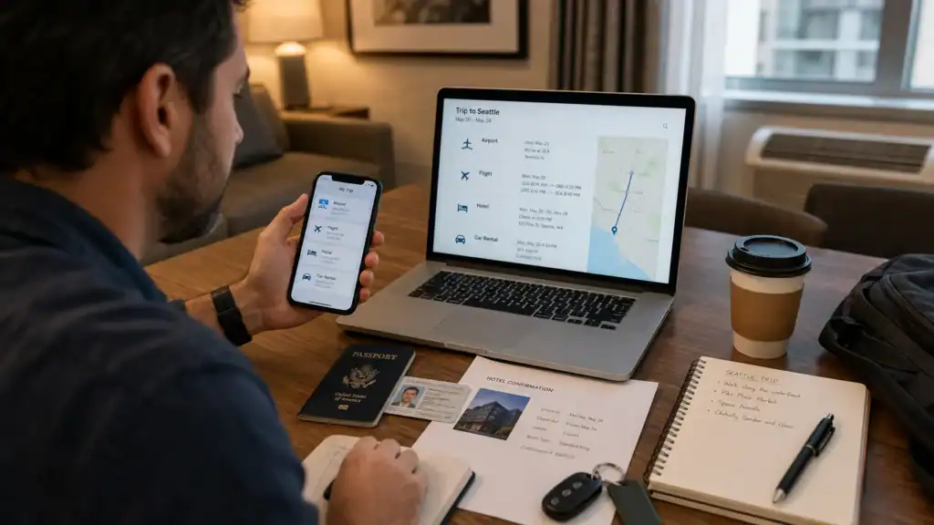 Traveler reviewing airport, hotel, and rental car arrangements before a trip