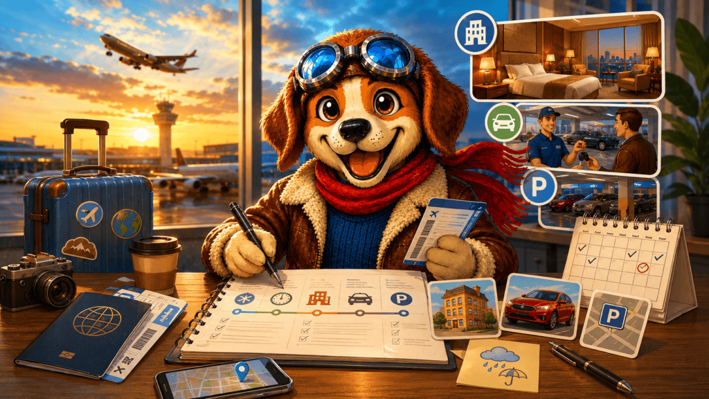 Aviator dog mascot organizing airport timing, flight documents, hotel check-in, rental-car pickup, parking, and backup travel plans before a trip.