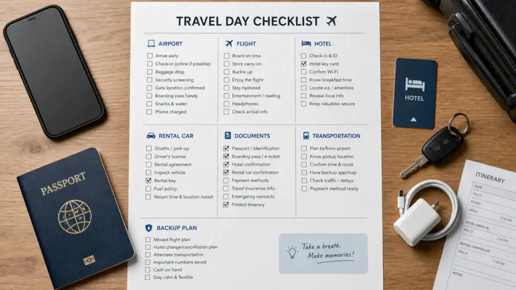 A realistic travel-day checklist divided into airport, flight, hotel, rental car, documents, transportation, and backup-plan sections. Include a phone, passport or identification, luggage, hotel key card, rental key, charger, and printed itinerary without real brand names.