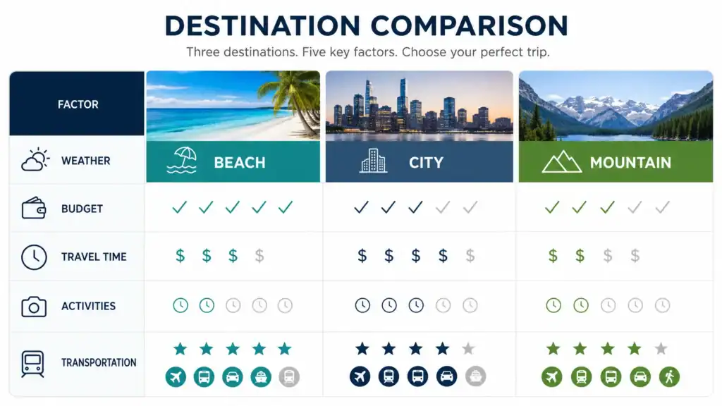 Comparison of travel destinations by budget, weather, travel time, and activities