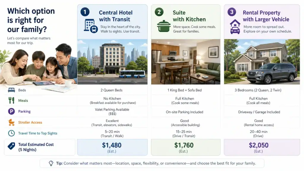 Family comparing hotel space, transportation, meals, parking, and total trip costs