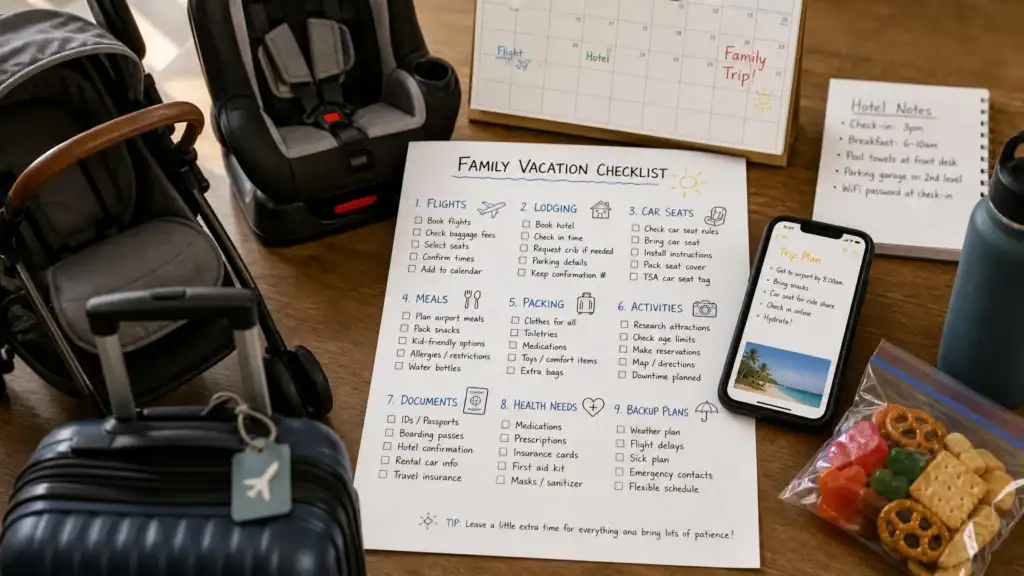 Family travel checklist for flights, lodging, car seats, meals, documents, and activities