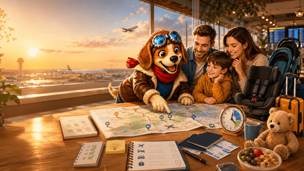 Aviator dog mascot helping a family plan flights, lodging, seating, car seats, meals, documents, travel time, and backup plans for a smoother trip.