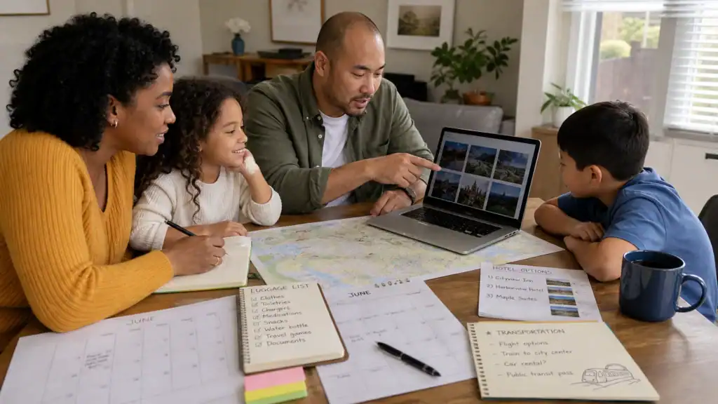 Family planning flights, lodging, transportation, and activities for an upcoming trip