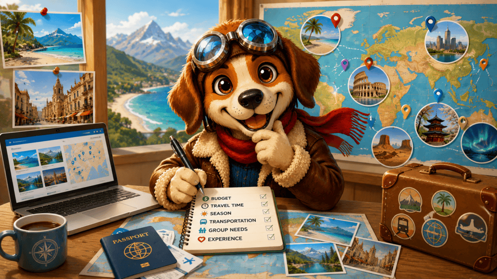 Aviator dog mascot comparing travel destinations by budget, travel time, season, transportation, group needs, and preferred experiences.