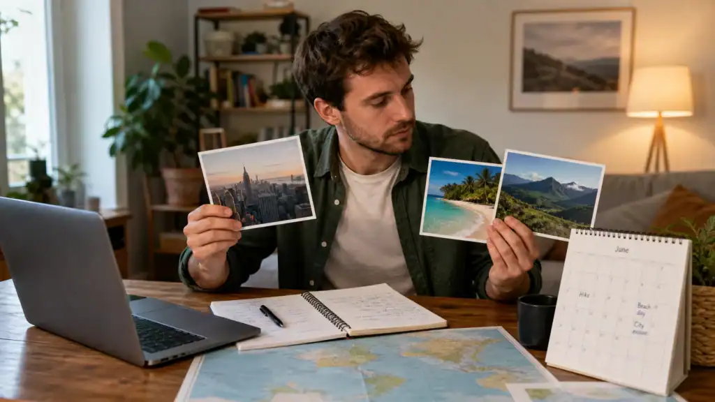 Traveler comparing city, beach, and mountain destinations while planning a trip