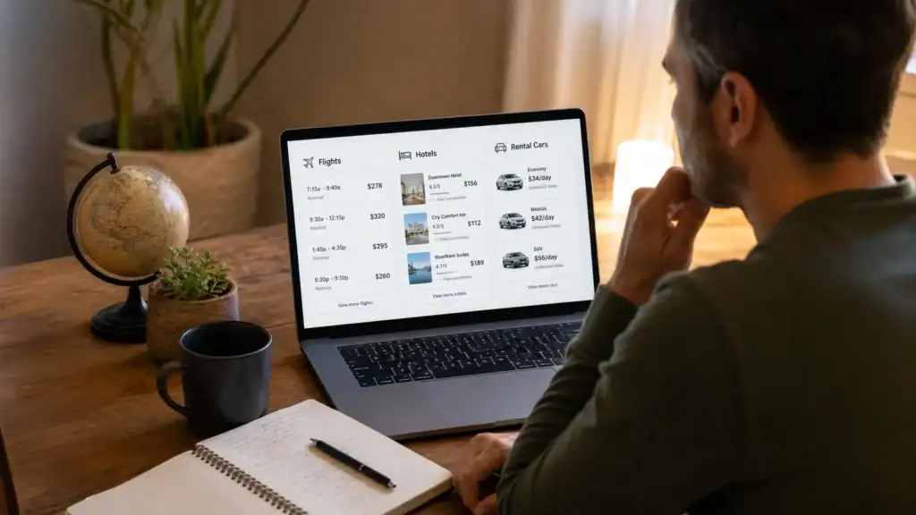 Traveler comparing flight, hotel, and rental car prices while planning a trip