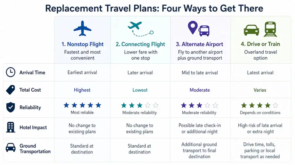 Comparison of last-minute flight, alternate airport, driving, and train replacement options