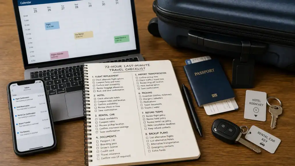 Last-minute travel checklist for flights, hotels, rental cars, documents, refunds, and backup plans