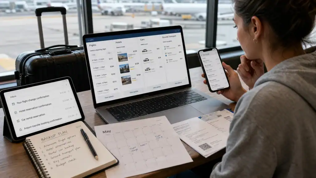 Traveler comparing last-minute flights, hotels, rental cars, and backup travel plans