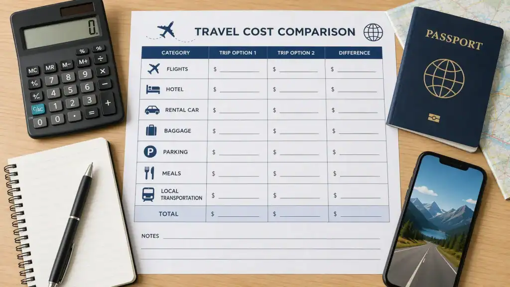Travel cost checklist for comparing flights, hotels, rental cars, and transportation