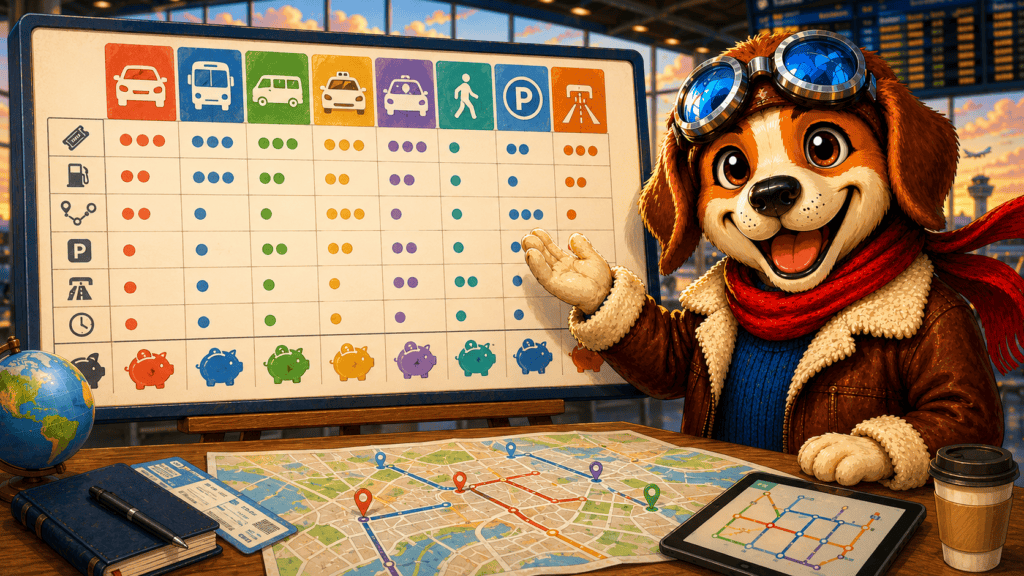 Aviator dog mascot comparing rental cars, public transportation, airport transfers, shuttles, taxis, rideshare, walking, parking, and toll costs on a trip-planning board.
