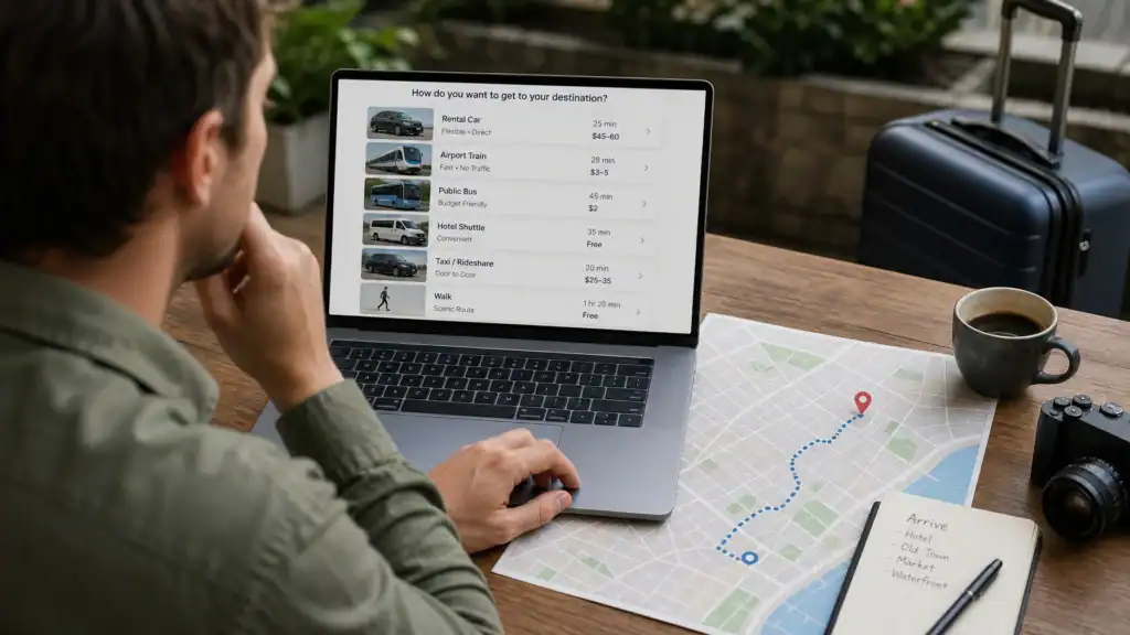 Traveler comparing rental cars, public transportation, airport shuttles, and rideshare options