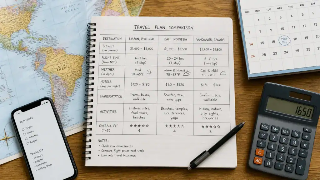 Travel destination comparison worksheet for budget, weather, transportation, and activities