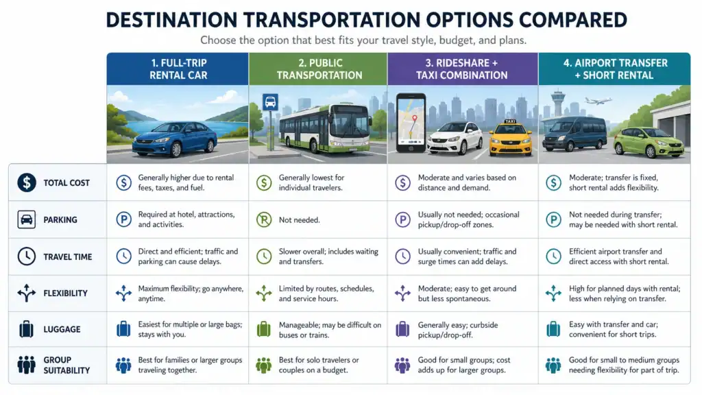 Comparison of rental cars, public transit, rideshare, taxis, and airport transfers