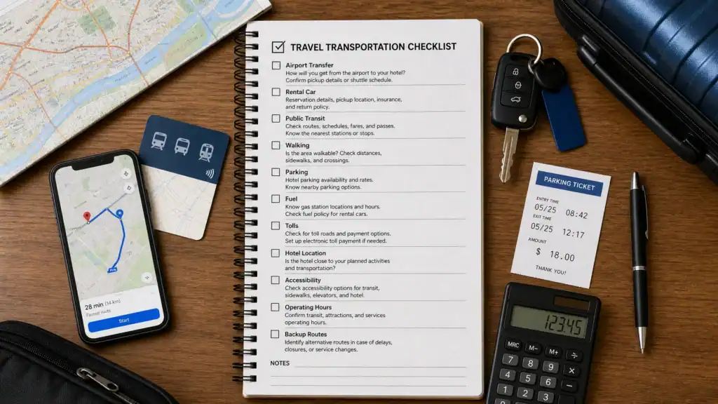 Travel transportation checklist for rental cars, transit, airport transfers, parking, and tolls