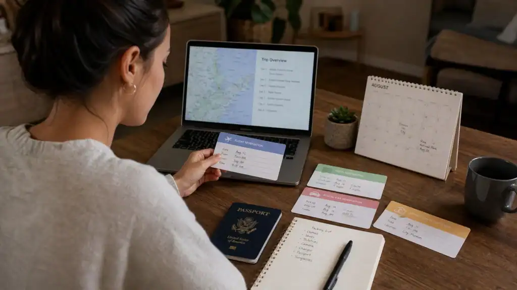Traveler organizing flight, hotel, rental car, and activity reservations for an upcoming trip