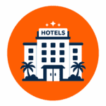 Hotel tips icon with hotel building in orange circle